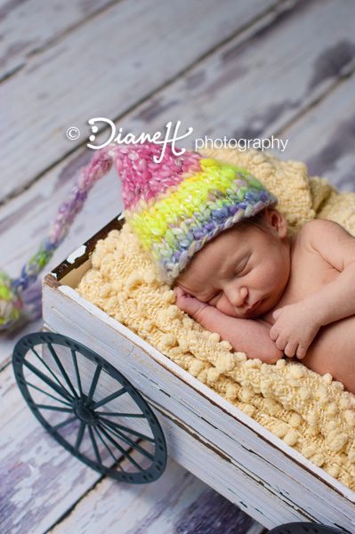 Newborn Baby pose in wagon with custom hat